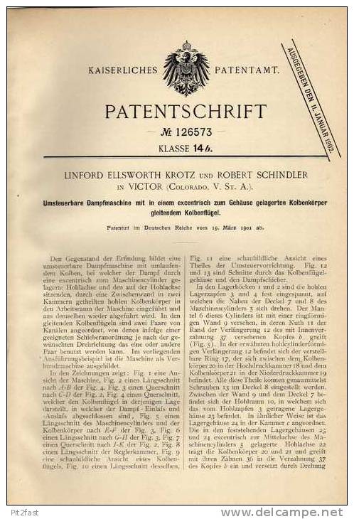 Original Patentschrift -  Krotz & Schindler In Victor , Colorado - USA , Dampfmaschine , 1901 !!! - Macchine