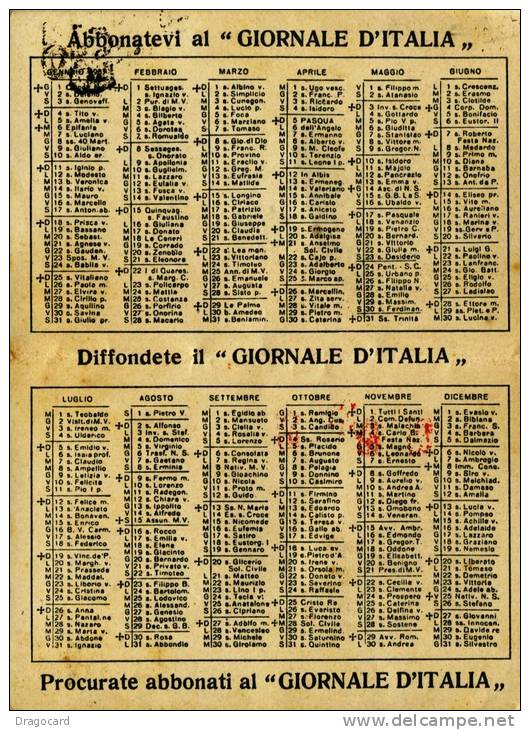 DUDOVICH  IL GIORNALE D'ITALIA ABBONAMENTO TESSERA  CALENDARIETTO CON BERSAGLIERE E TRICOLORE - Formato Piccolo : 1921-40