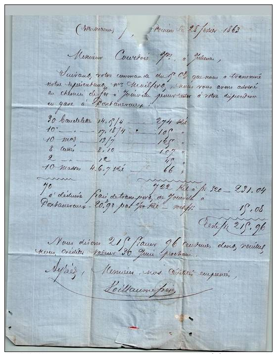 Lettre-facture Du 28/02/1863 VOILLAUME - Poissons - COURTOIS - Juliénas - PORT GRATUIT - 1800 – 1899