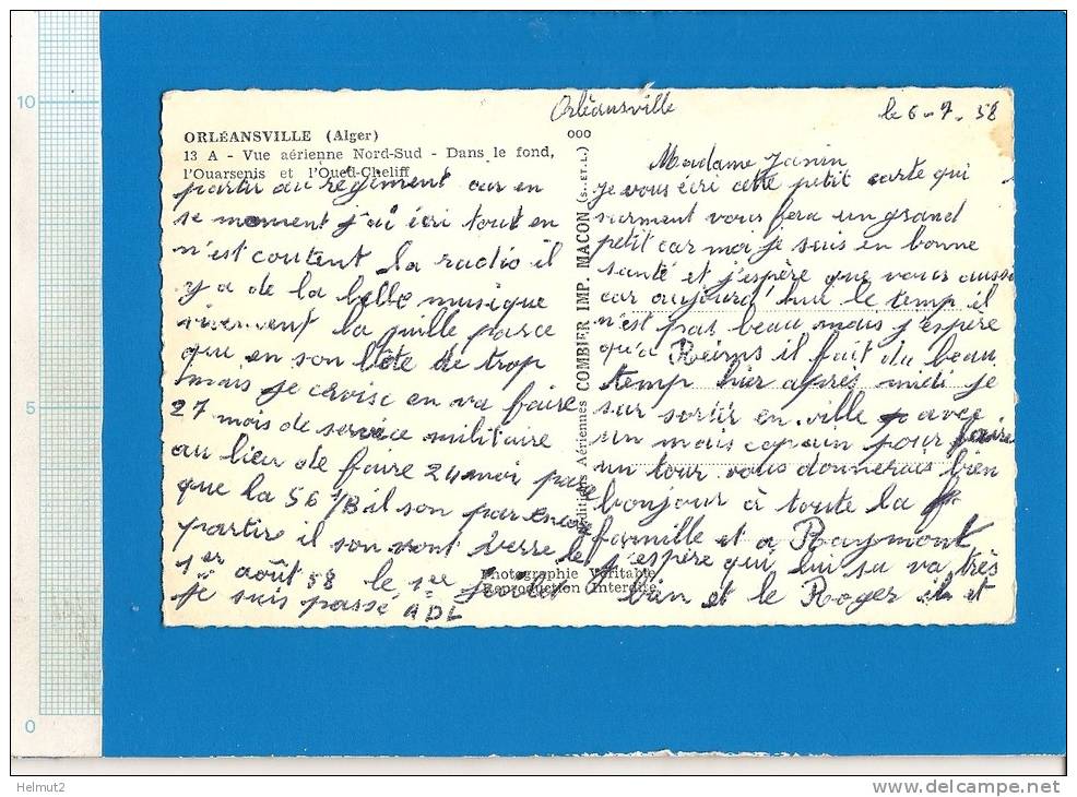MEA64 ALGERIE Orléansville (Alger) Devenu CHLEF Vue Aérienne (voir Descript 2scan) Colorisée écrite 1958 Format 8,8x13,8 - Chlef (Orléansville)