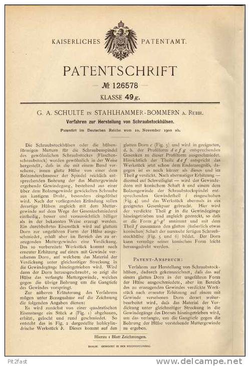 Original Patentschrift -  G.A. Schulte In Stahlhammer - Bommern A. Ruhr , Schraubstock , 1900 !!! - Tools