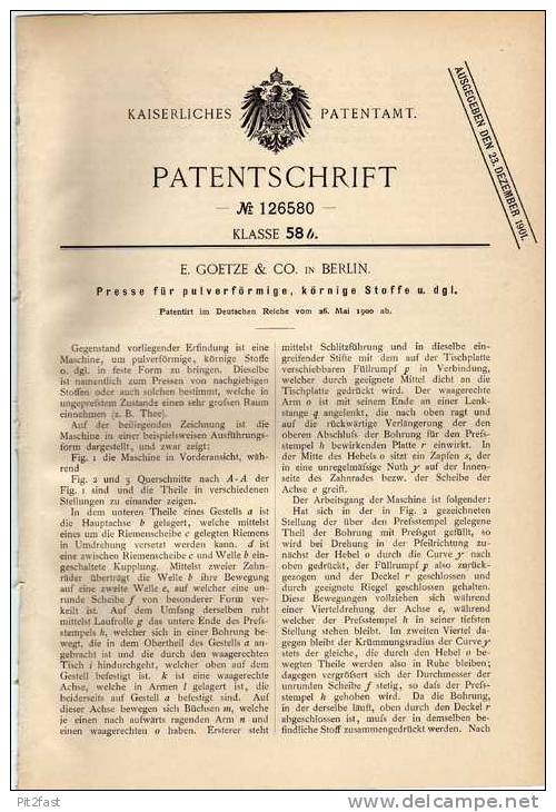 Original Patentschrift -  E. Goetze & Co In Berlin , 1900 , Presse Für Tee !!! - Machines