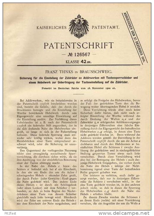 Original Patentschrift -  Franz Trinks In Braunschweig , Schreibmaschine , 1900 , Typewriter , Machine à écrire !!! - Maschinen