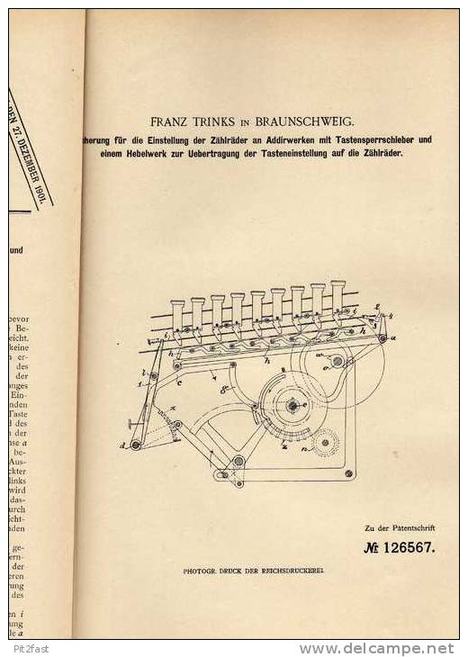 Original Patentschrift -  Franz Trinks In Braunschweig , Schreibmaschine , 1900 , Typewriter , Machine à écrire !!! - Maschinen