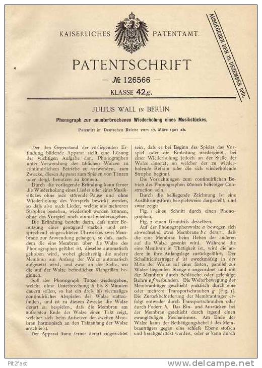 Original Patentschrift - Julius Wall In Berlin , Phonograph , 1901 , Grammophon , Musik !!! - Literature & Schemes