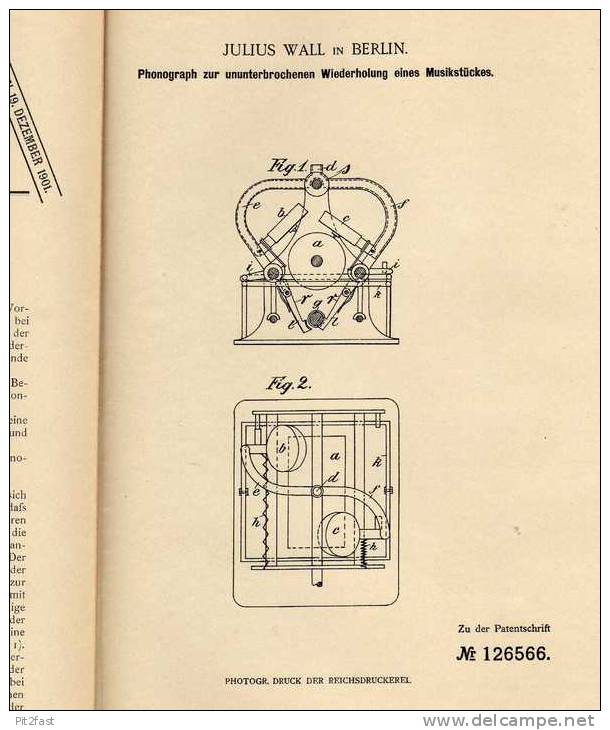 Original Patentschrift - Julius Wall In Berlin , Phonograph , 1901 , Grammophon , Musik !!! - Literatuur & Schema's