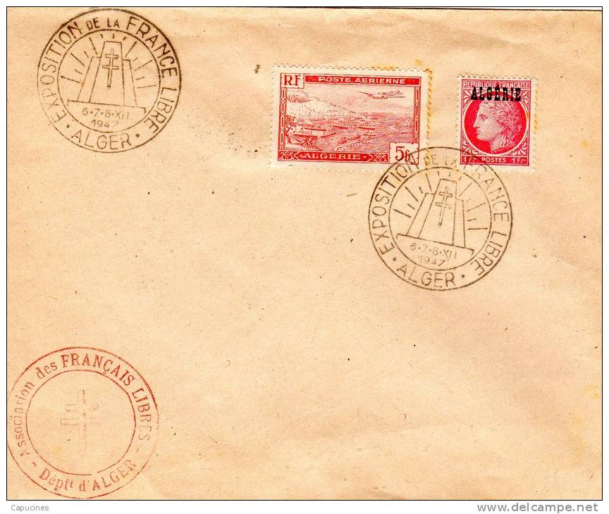 ALGERIE - 1947: "timbre 238 & PA1  Et Oblit Expo. De LaFrance Libre à Alger" (cachet Rouge De L'Association Des FL. - Lettres & Documents
