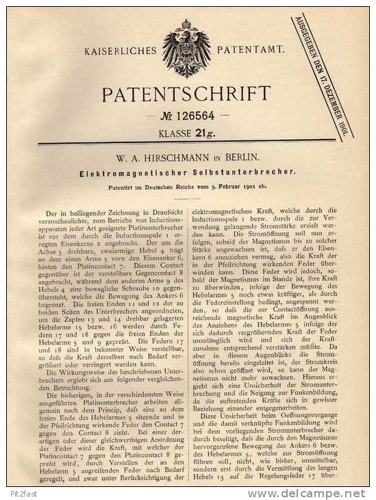 Original Patentschrift -  W.A. Hirschmann In Berlin , Unterbrecher , 1901 , Elektrik , Platin !!! - Integrated Circuits
