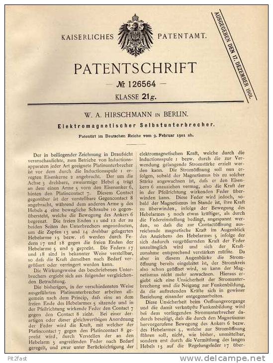 Original Patentschrift -  W.A. Hirschmann In Berlin , Unterbrecher , 1901 , Elektrik , Platin !!! - Integrierte Schaltungen