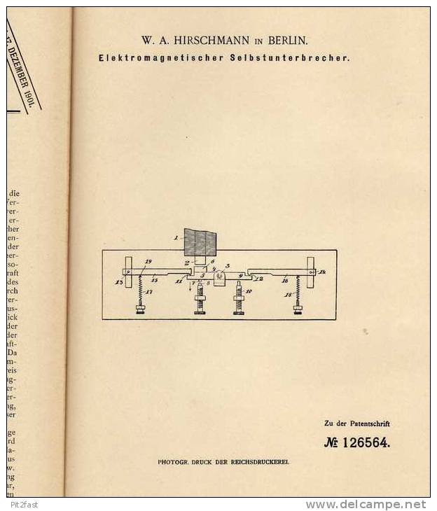 Original Patentschrift -  W.A. Hirschmann In Berlin , Unterbrecher , 1901 , Elektrik , Platin !!! - Circuits Intégrés
