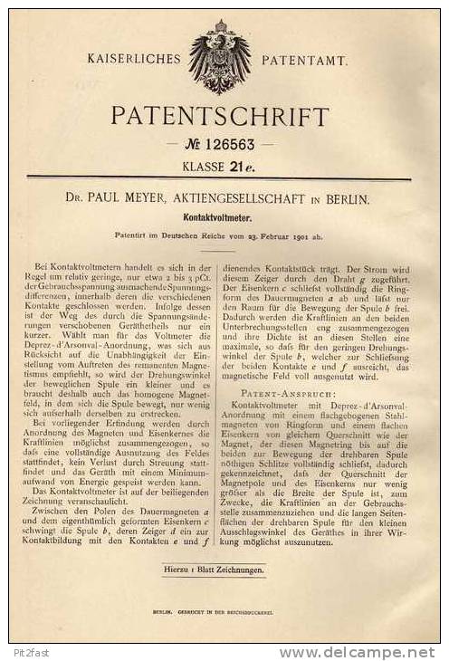 Original Patentschrift - Dr. Paul Meyer In Berlin , Voltmeter , 1901 , Elektriker , Elektrik !!! - Tools