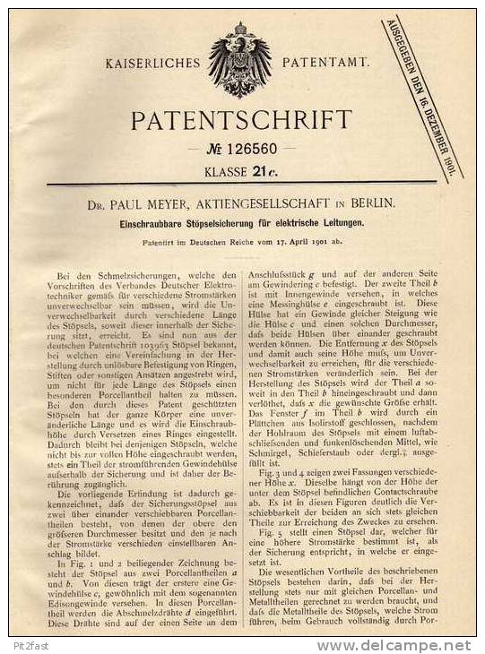 Original Patentschrift -  Dr. Paul Meyer AG In Berlin , Sicherung Für Elektr. Leitungen , 1901 !!! - Materiaal En Toebehoren