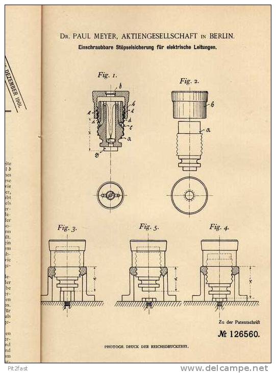 Original Patentschrift -  Dr. Paul Meyer AG In Berlin , Sicherung Für Elektr. Leitungen , 1901 !!! - Materiaal En Toebehoren