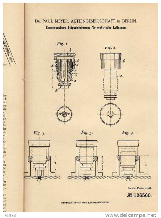 Original Patentschrift -  Dr. Paul Meyer AG In Berlin , Sicherung Für Elektr. Leitungen , 1901 !!! - Material Und Zubehör