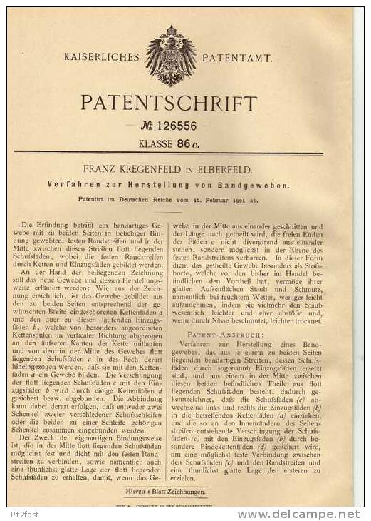 Original Patentschrift -  Franz Kregenfeld In Elberfeld , 1901 , Bandgewebe , Gewebe , Wuppertal !!! - Literatur