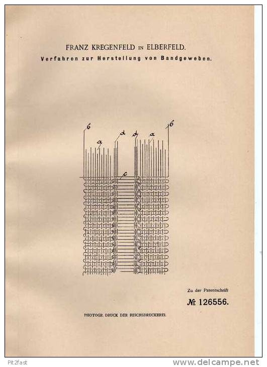 Original Patentschrift -  Franz Kregenfeld In Elberfeld , 1901 , Bandgewebe , Gewebe , Wuppertal !!! - Libros