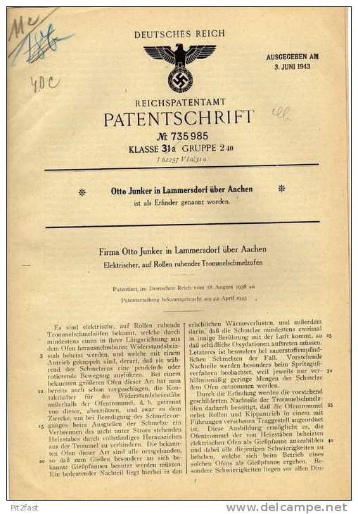 Original Patentschrift -  Otto Junker In Lammersdorf B. Aachen , Schmelzofen , 1938 !!! - Tools