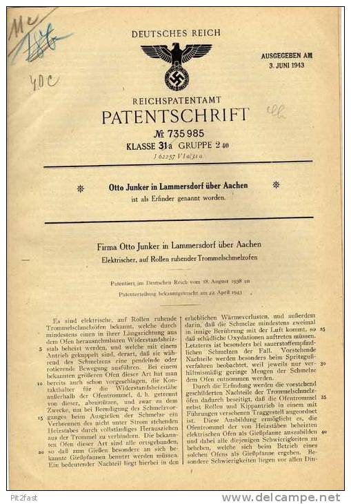 Original Patentschrift -  Otto Junker In Lammersdorf B. Aachen , Schmelzofen , 1938 !!! - Machines