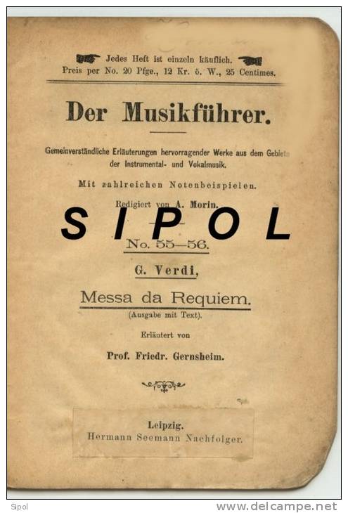 Der Musikführer  N°55/56 G.Verdi Messa Da Requiem ( Mit Text) H Seemann Leipzig 31 Pages - Música