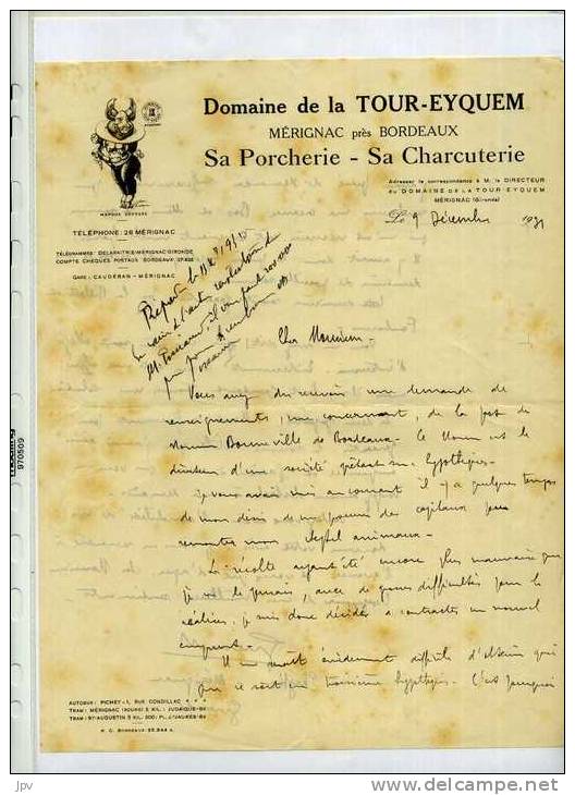 FACTURE : MERIGNAC Près BORDEAUX . DOMAINE DE LA TOUR - EYQUEM . SA PORCHERIE - SA CHARCUTERIE. 1931 . - Agricultura