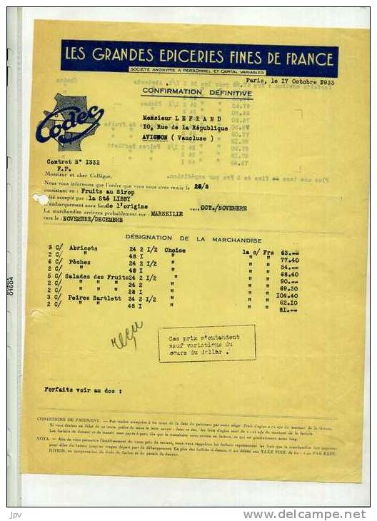 FACTURE : PARIS . CODEC . LES GRANDES EPICERIES FINES DE FRANCE . 1933 . - Food