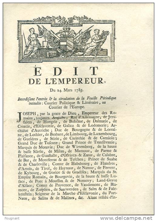 Belgique:Edit De L´Empereur:24/03/1785."Co Urier Politique - Décrets & Lois