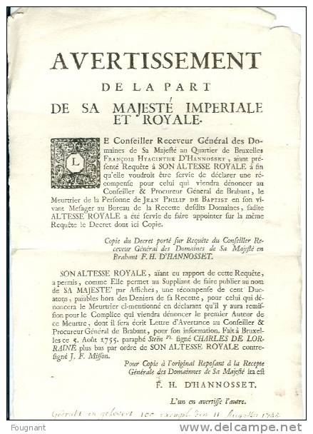 Avertissement De Sa Majesté Impériale:Récompense Pour Dénonciation D´un Meurtrier.1755. - Décrets & Lois