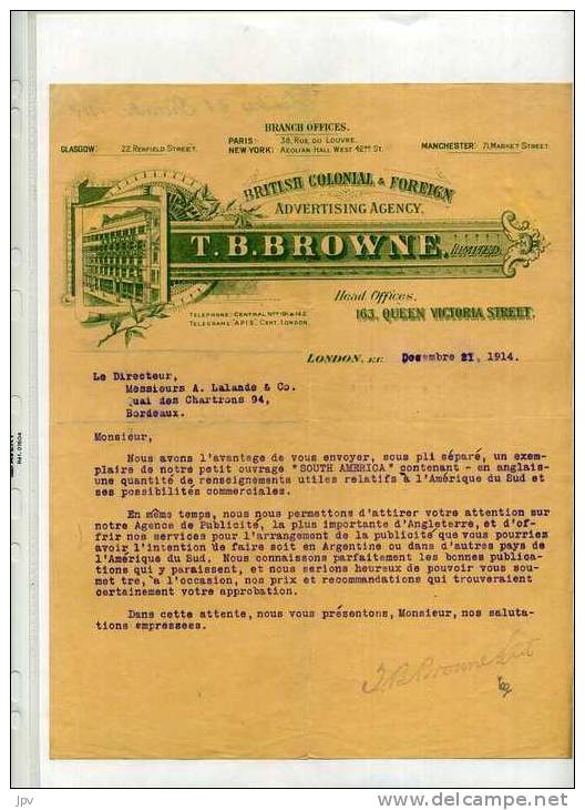 FACTURE LETTRE :  LONDON, GLASGOW, MANCHESTER, PARIS, NEW-YORK . T. B. BROWNE . BRITISH COLONIAL &amp; FOREIGN . 1914 . - Food