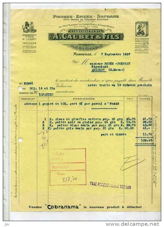 FACTURE : MARSEILLE . A. CAUBET &amp; FILS . POIVRES - EPICES - SAFRANS . 1937 . - Lebensmittel