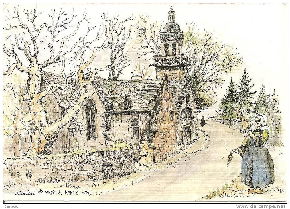 EGLISE SAINTE MARIE DU MENEZ HOM  .. AQUARELLE ORIGINALE DE ROBERT LEPINE - Plomodiern