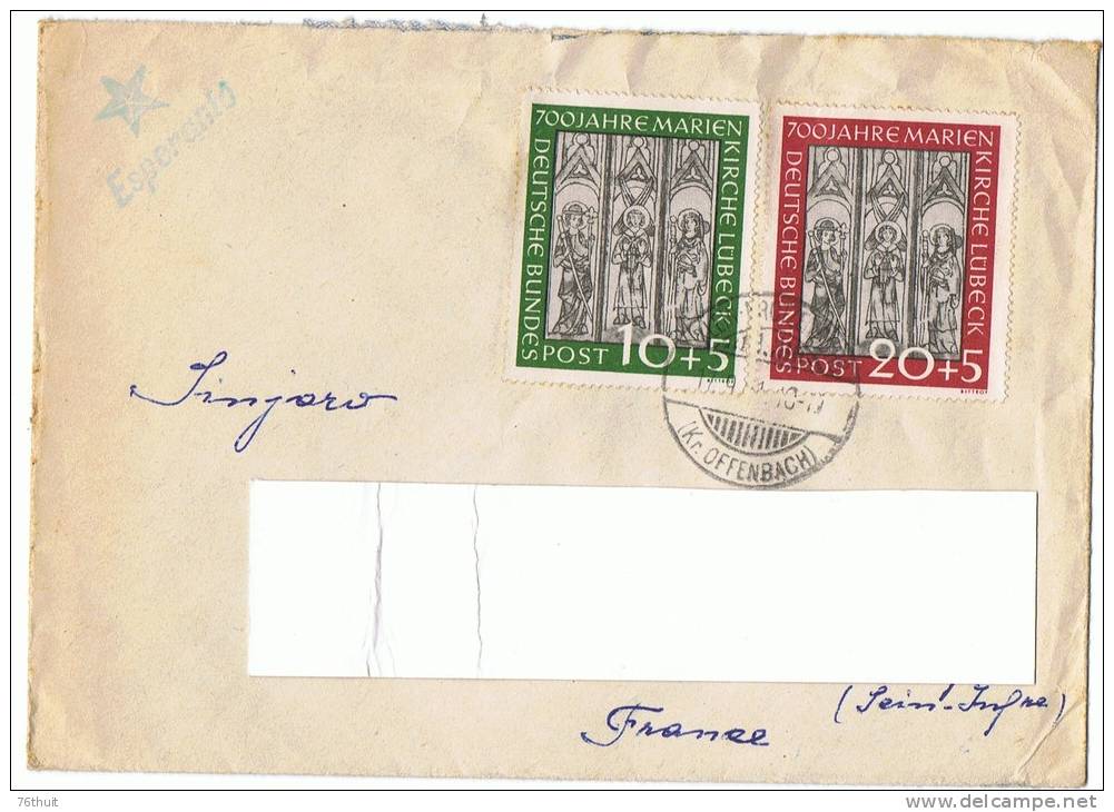 1951 - Enveloppe - GERMANY ALLEMAGNE - 700 Jahre Marien Kirche Lubeck  + Espéranto +Yvert & Tellier N°25-26 - Esperanto