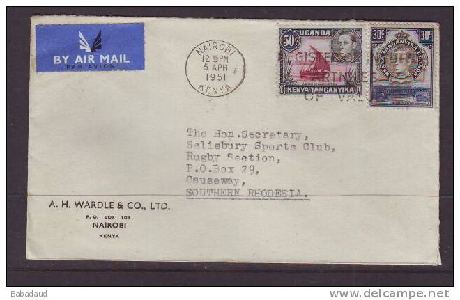 KENYA UGANDA TANGANYIKA 1951 Air Mail, A.H. Wardle &amp; Co Nairobi  To Rugby Section, Salibury Sports Club. - Kenya, Ouganda & Tanganyika