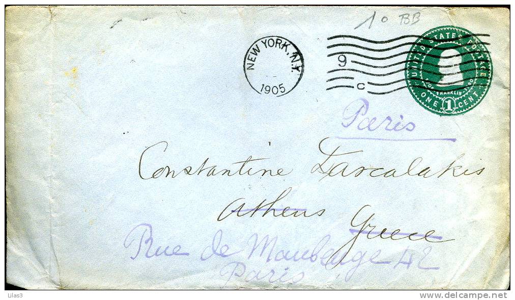 USA Entier Postal 1c Vert New York 1905 Pour La France Complément 9c Sur La Flamme Pour La GRèce Réexpédiée Paris - 1921-40