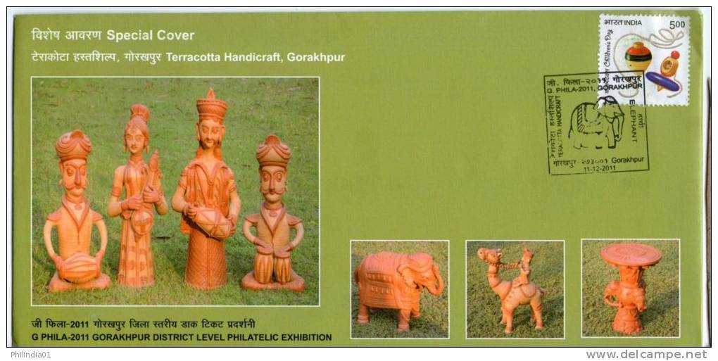 India 2011 Terracotta Handicraft Art Elephant Horse Musical Instuments Spinning Top Statue Special Cover # 7497 - Elefanten