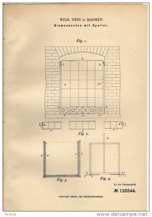 Original Patentschrift - Wilhelm Hess In Barmen , 1901 , Blumenkasten Mit Spalier , Pflanzen , Blumen , Blumenladen !!! - Architecture