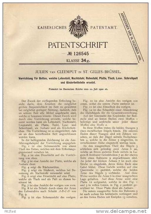 Original Patentschrift - J.van Cleemput In St. Gilles - Brüssel , 1900 ,  Bett- Und Tisch Vorrichtung !!! - Andere & Zonder Classificatie