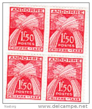 ANDORRE- 4 Chiffre-taxe Neufs Nxx Se Tenant-valeur Faciale 1.50 F R -n° Yver T25  (cote Chacun :7.50 Eur) - Unused Stamps