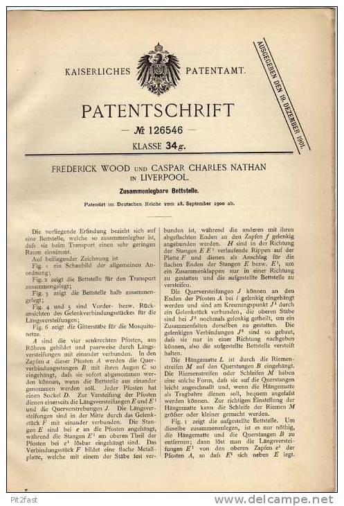 Original Patentschrift - F.Wood Und C. Nathan In Liverpool , 1900, Zusammenlegbares Bett !!! - Sonstige & Ohne Zuordnung