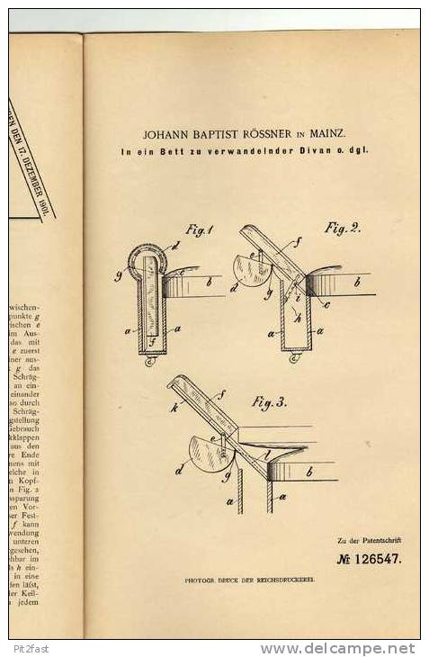 Original Patentschrift - J. Baptist Rössner In Mainz , 1900, Verwandelbares Bett !!! - Autres & Non Classés