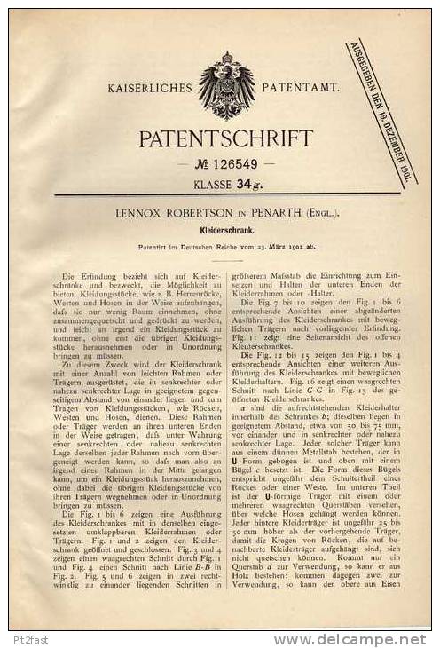 Original Patentschrift - L. Robertson In Penarth , 1901 , Kleiderschrank !!! - Other & Unclassified