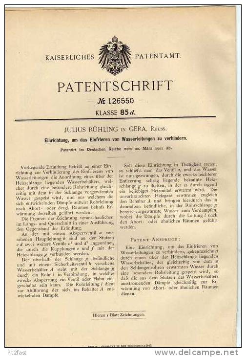 Original Patentschrift - Julius Rühling In Gera , 1901 , Defroster , Heizung , Heizungsbau !!! - Machines