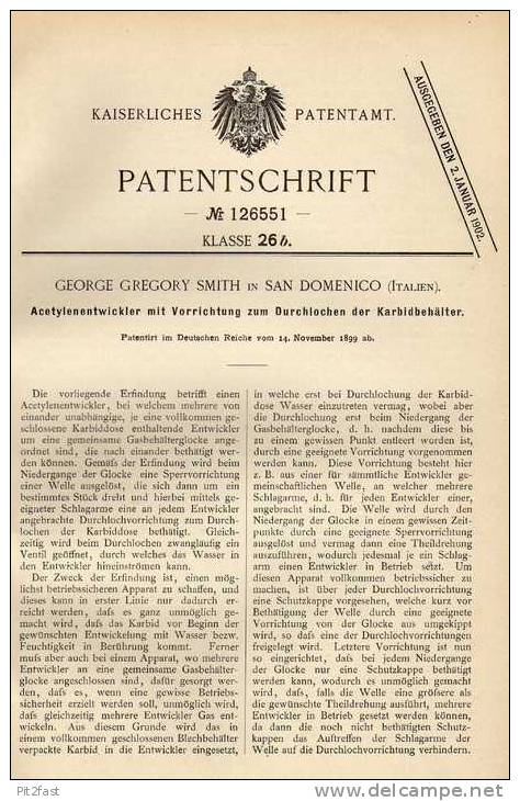 Original Patentschrift -  G.Gregory Smith In San Domenico , 1899 ,  Acetylenentwickler !!! - Maschinen