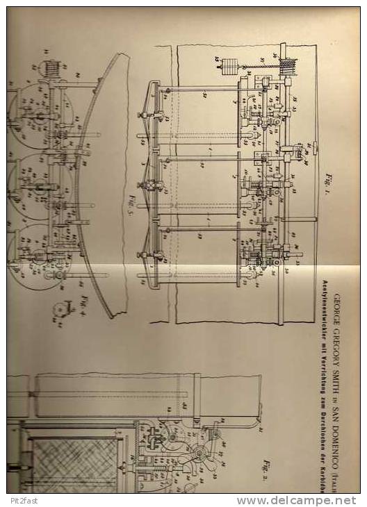 Original Patentschrift -  G.Gregory Smith In San Domenico , 1899 ,  Acetylenentwickler !!! - Macchine