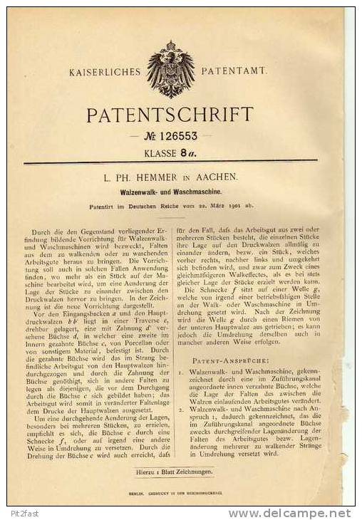 Original Patentschrift - L. Ph. Hemmer In Aachen , 1901 , Walzenwalk- Und Waschmaschine !!! - Macchine