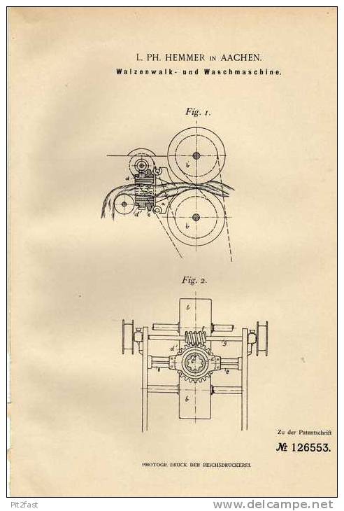 Original Patentschrift - L. Ph. Hemmer In Aachen , 1901 , Walzenwalk- Und Waschmaschine !!! - Macchine