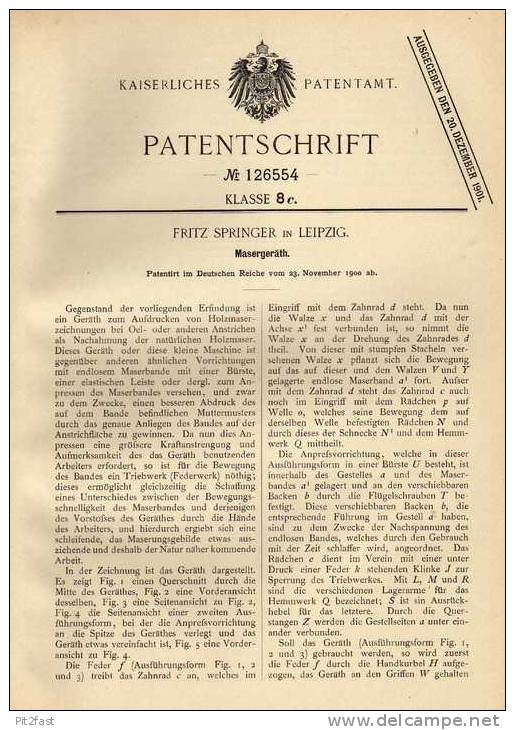 Original Patentschrift - Fritz Springer In Leipzig ,1900,  Masergeräth Für Möbel  !!! - Andere & Zonder Classificatie