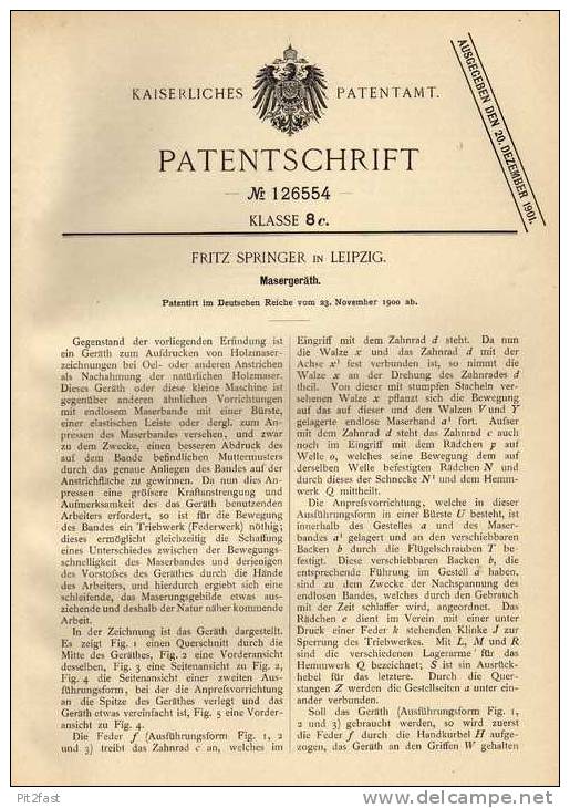 Original Patentschrift - Fritz Springer In Leipzig ,1900,  Masergeräth Für Möbel  !!! - Sonstige & Ohne Zuordnung