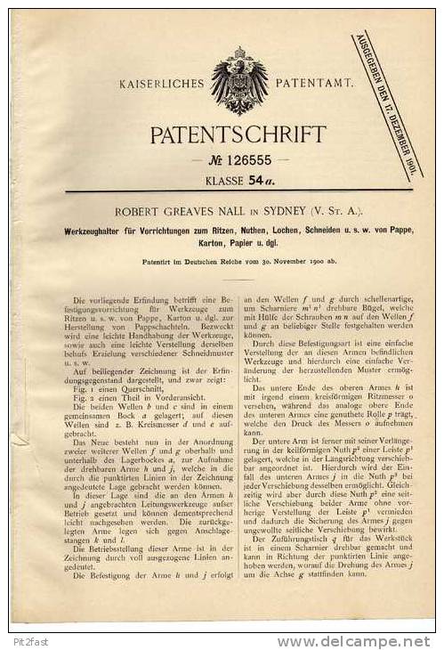 Original Patentschrift - R. Greaves Nall In Sydney , 1900 , Werkzeughalter !!! - Tools