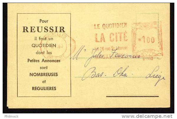 Double Carte Pub Le Quotidien La Cité Bruxelles 1963 - Obl Mécanique Vers Bas-Oha - Altri & Non Classificati