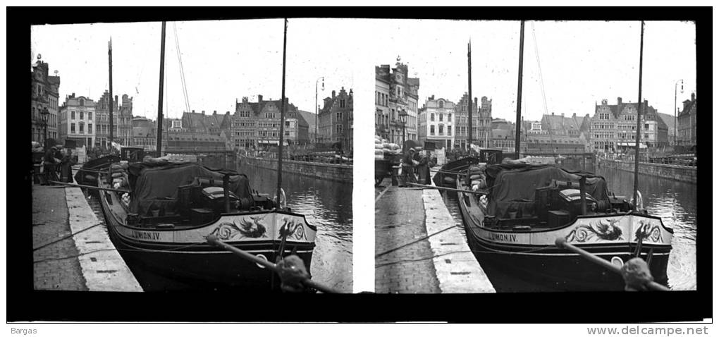 Belle Plaque Stereo Début De Siècle Gand Canal Bateau - Plaques De Verre